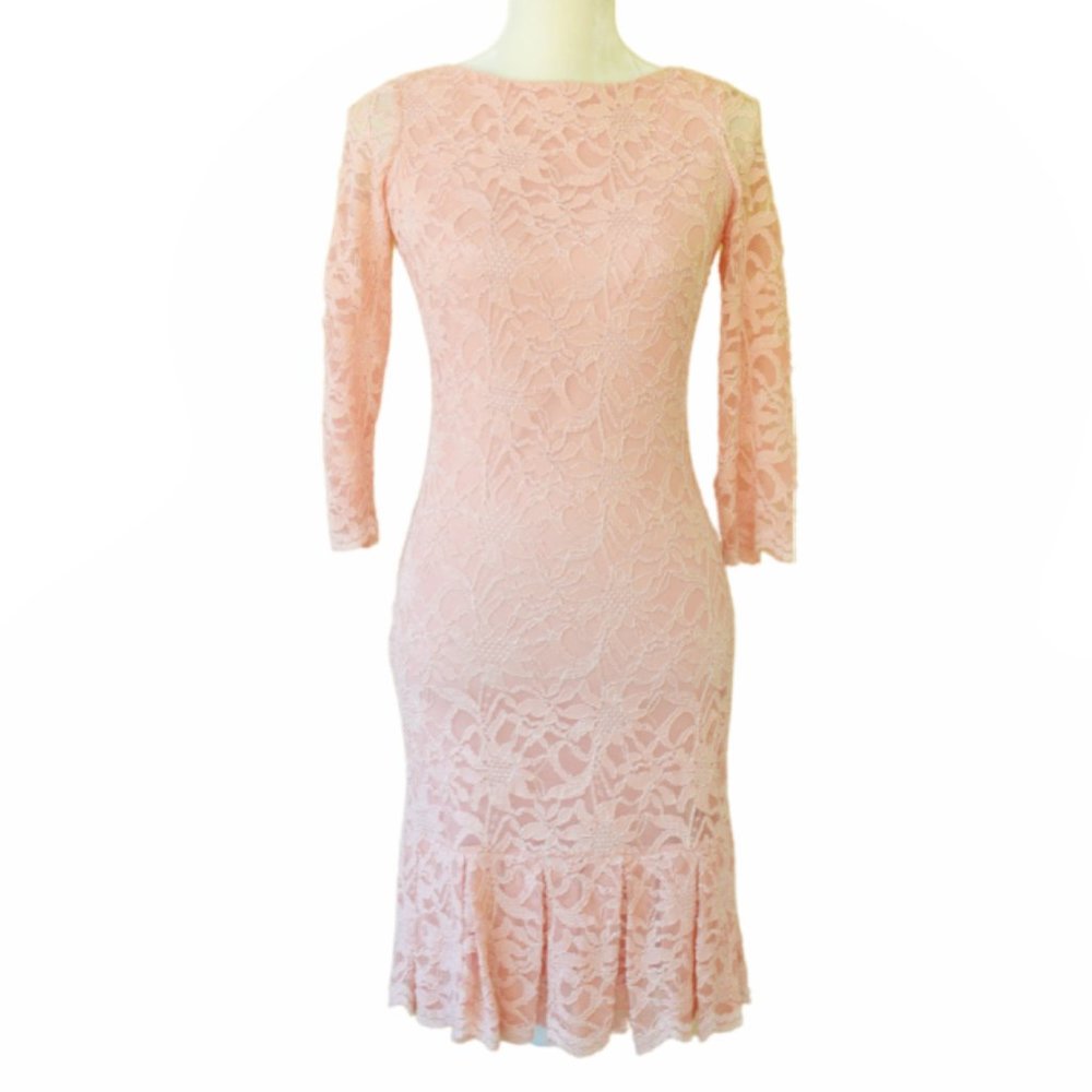 CALVIN KLEIN Pleat Hem Ballet Pink Lace Sheath Dress 3/4 Sleeve - Picture 2 of 8